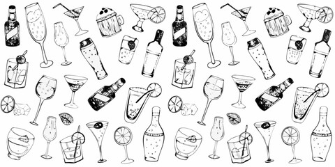 Hand drawn sketchy collection of various alcoholic and non alcoholic drinks and bottles