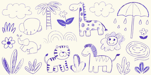 Cute hand drawn safari animals and jungle elements in purple on a cream background