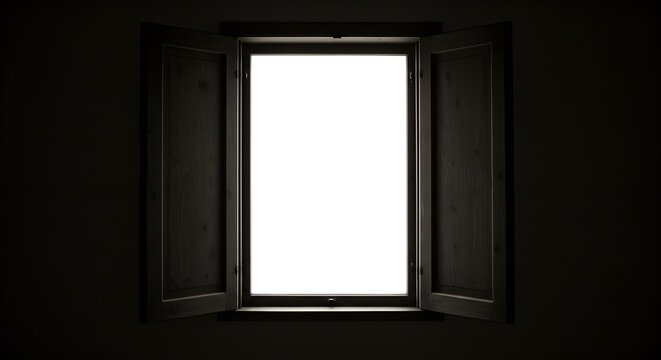 Open window frame in dark room bright light illuminates interior