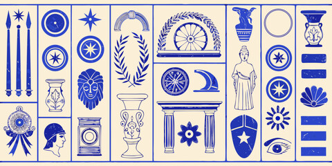 Collection of ancient greek and roman decorative motifs and symbols in blue and beige © Kopil