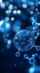 Abstract Blue Molecule Structure with Smaller Bubbles and Bokeh Lights on Dark Background
