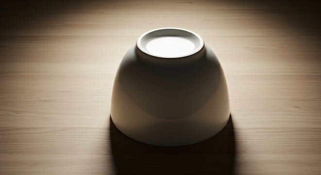 Overturned white bowl on wooden surface with dramatic lighting