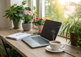 Cozy home office setup with laptop plants and coffee by the window