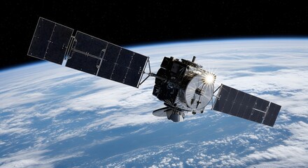 Satellite orbiting earth in outer space scene with solar panels and planet horizon for science and technology concepts