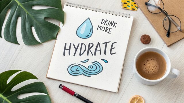 Creative workspace with hand-drawn hydration reminder and coffee cup on a wooden desk among tropical leaves and office supplies - Powered by Adobe