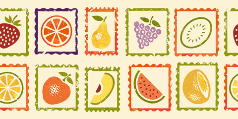 A charming collection of colorful fruit postage stamps in a repeating pattern