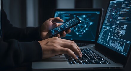 Cybersecurity in modern technology environment with hands using smartphone and laptop for data encryption and protection strategies