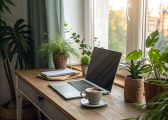 Cozy home office workspace with laptop and plants by the window
