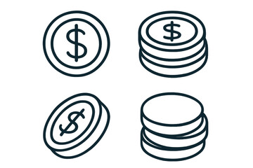 Money icon set. Dollar coin and stack of coins line art. Vector graphic for finance, business, and banking concepts. Cash symbol, currency, savings, and investment design.