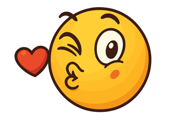 Winking face emoticon blowing a heart kiss. Cute cartoon emoji character sending love. Romantic smiley icon for valentine's day. Vector illustration of a flirtatious emotion.
