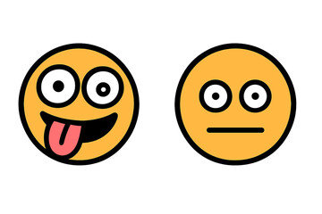 Crazy happy emoticon and neutral poker face emoji. Metaphor for bipolar disorder, mood swing, or split personality. Psychology and mental health concept vector illustration.