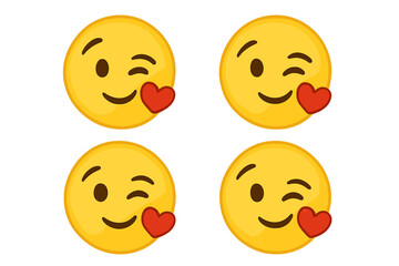 Winking face emoticon blowing a kiss vector set. Cute yellow smiley with heart. Love, romance, affection concept for social media, chat, and valentine's day illustration.