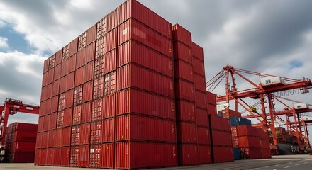 Fototapeta premium Industrial shipping hub with stacked red containers at busy port under cloudy sky