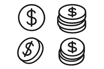 Dollar coin line icon set. Money symbol collection. Stack of coins pictogram. Financial, currency, and banking concept. Economy, investment, and wealth sign. Vector cash graphic.