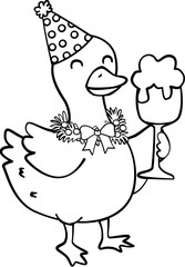Goose Party Christmas Coloring Clipart, Line Art Holiday Goose Stamps