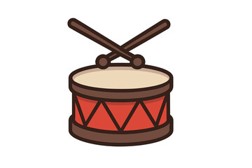 Drum icon vector. Music instrument symbol. Cartoon illustration of a snare drum with drumsticks. Percussion graphic for rock band, concert, and sound design. Isolated art.