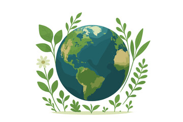 Earth Day vector concept with planet globe surrounded by green leaves and plants. World conservation, environmental care, and ecology concept. Save the planet illustration.