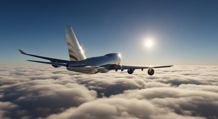 Fototapeta premium Airplane flying above clouds at sunrise symbolizing travel and adventure
