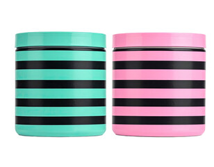 Two cylindrical containers, mint green and pink, with black horizontal stripes