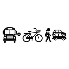 Naklejka premium Black and white icons depicting various modes of transport including a school bus, bicycle, walking person, and cars.