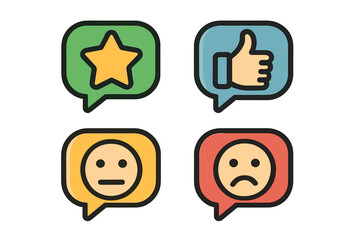 Feedback icon set. Speech bubble symbols for customer satisfaction review. Vector rating icons with star, thumbs up, neutral and sad face. Good and bad service evaluation.