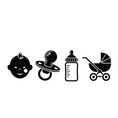 Set of essential baby care icons including pacifier, feeding bottle, stroller, and infant face silhouette