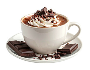 Hot chocolate in a white cup with whipped cream and chocolate shavings (1)