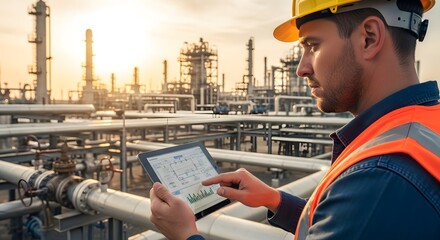 Industrial engineer analyzing data on tablet in oil refinery at sunset for efficient operation