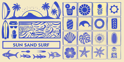 Retro sun sand surf tropical beach vacation collage with palm trees surfboards sunglasses and ocean life © Kopil