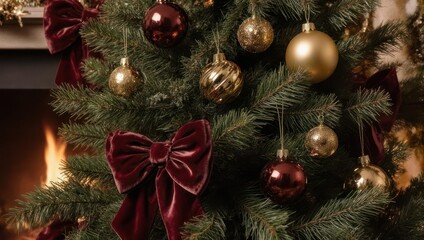 Fototapeta premium Cozy Christmas Tree with Ornaments and Fireplace Glow.