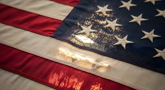 Close-up of american flag fabric illuminated by sunlight symbolizing patriotism and independence day - Powered by Adobe
