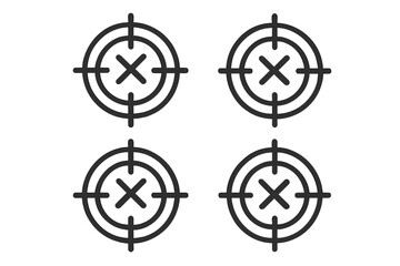 Target miss icon set. Wrong objective concept. Aim failure, crosshair with x mark. Rejection or cancellation symbol. Bad strategy, error, incorrect choice vector illustration.