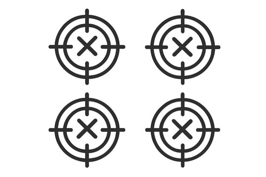 Target miss icon set. Wrong objective concept. Aim failure, crosshair with x mark. Rejection or cancellation symbol. Bad strategy, error, incorrect choice vector illustration.