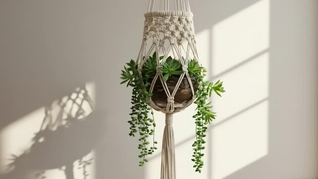 Decorative macrame plant hanger with lush greenery in a sunlit indoor setting