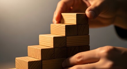 Building success: hands stacking wooden blocks in a staircase shape for growth and achievement concepts