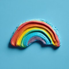 A whimsical rainbow-shaped confection sits atop a light blue, textured surface