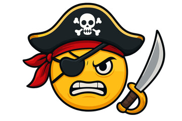 Angry pirate emoticon with sword. Vector emoji character with eyepatch and hat with skull. Furious smiley mascot illustration. Cartoon face symbol of rage, anger for chat.