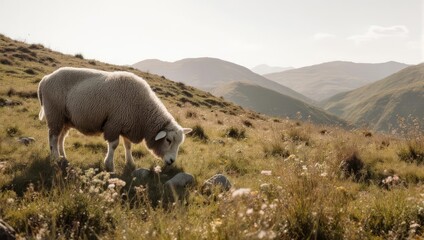 Obraz premium Sheep grazing on a hillside under a golden light