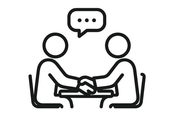 Business meeting line icon. Job interview concept. Two people sitting at a table and shaking hands. Partnership, deal, agreement symbol. Teamwork, communication vector illustration.