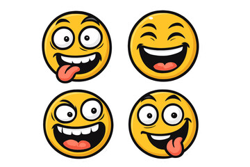 Fototapeta premium Set of crazy emoticon stickers. Funny cartoon face expressions. Laughing emoji collection with silly goofy smiles and tongue out. Happy joyful vector character illustrations.