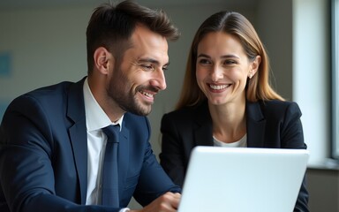 Obraz premium Businessman in a suit and woman in a blazer smiling at a laptop. High quality
