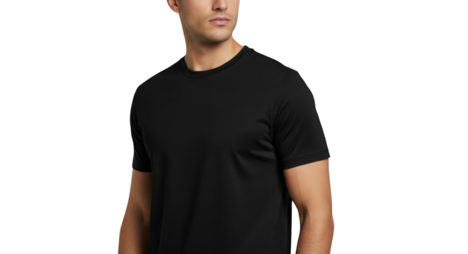 Young athletic man wearing a blank black tshirt mockup featuring man, male, model, guy, person high
