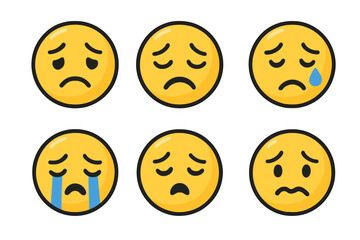 Fototapeta premium Set of sad and unhappy emoticon stickers. Collection of crying yellow face emojis. Vector illustration of negative emotions, depression, despair, and grief for mental health.