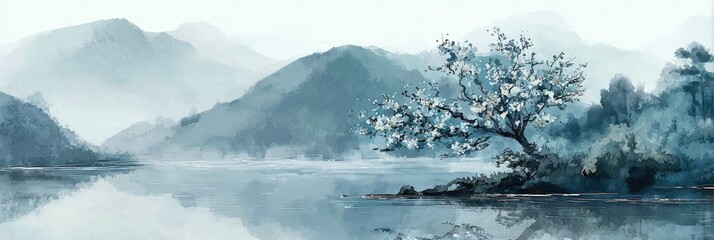 Misty Mountain Landscape with Blossoming Tree