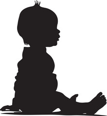 A black and white silhouette of a baby sitting on the floor.
