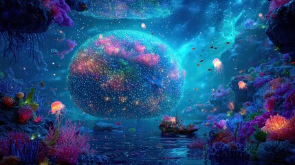 Abstract Colorful Coral Reef Scene With Floating Planet