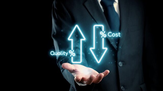 A businessman in a suit showcases a compelling visual of increasing quality percentage and decreasing cost through illuminated arrows and glowing text, creating an impactful presentation. Qubit