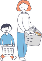 洗濯物を運ぶ親子