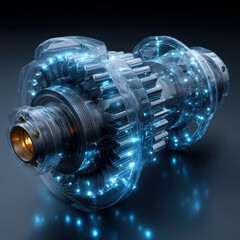 Abstract glowing turbine wheel radiating vibrant neon energy particles in futuristic style