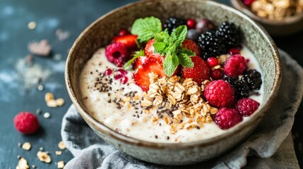 Invigorating and Delightful Berry Yogurt Bowl with Granola and Mint Garnish